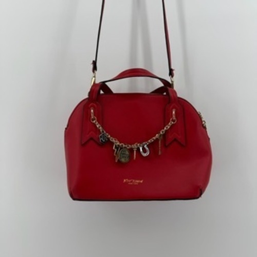 Betsey Johnson Red Faux Leather‎ Dome Satchel Crossbody Bag with Gold Charms
